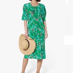 L.K. Bennett 100% Silk Dress Estella Floral Midi Size 12 Green Short Sleeve NWT